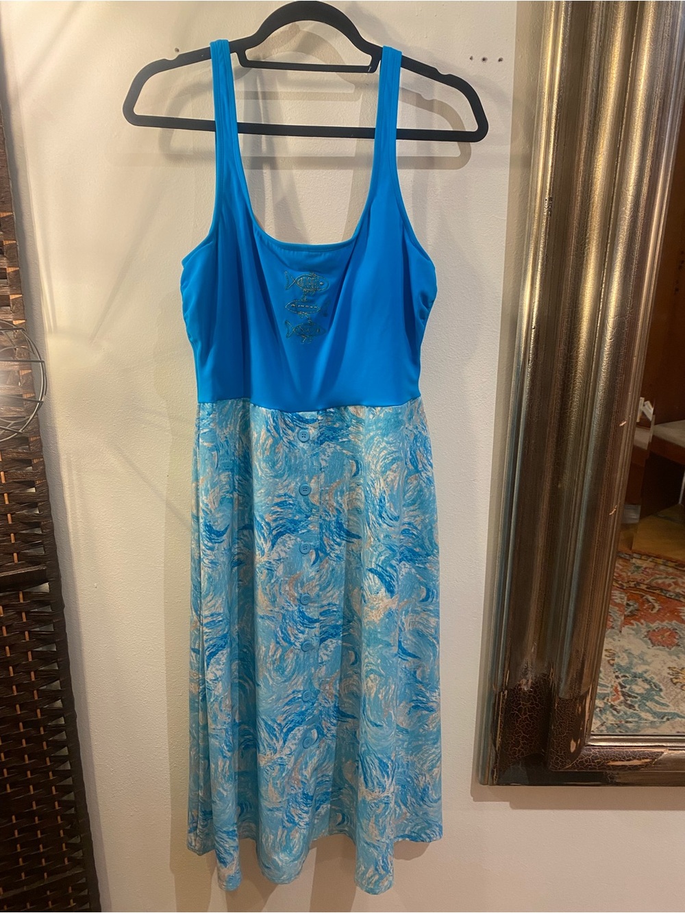 OOAK Upcycled Swim Turquoise Scoop Neck Embroidered GoldFish Printed Maxi Dress